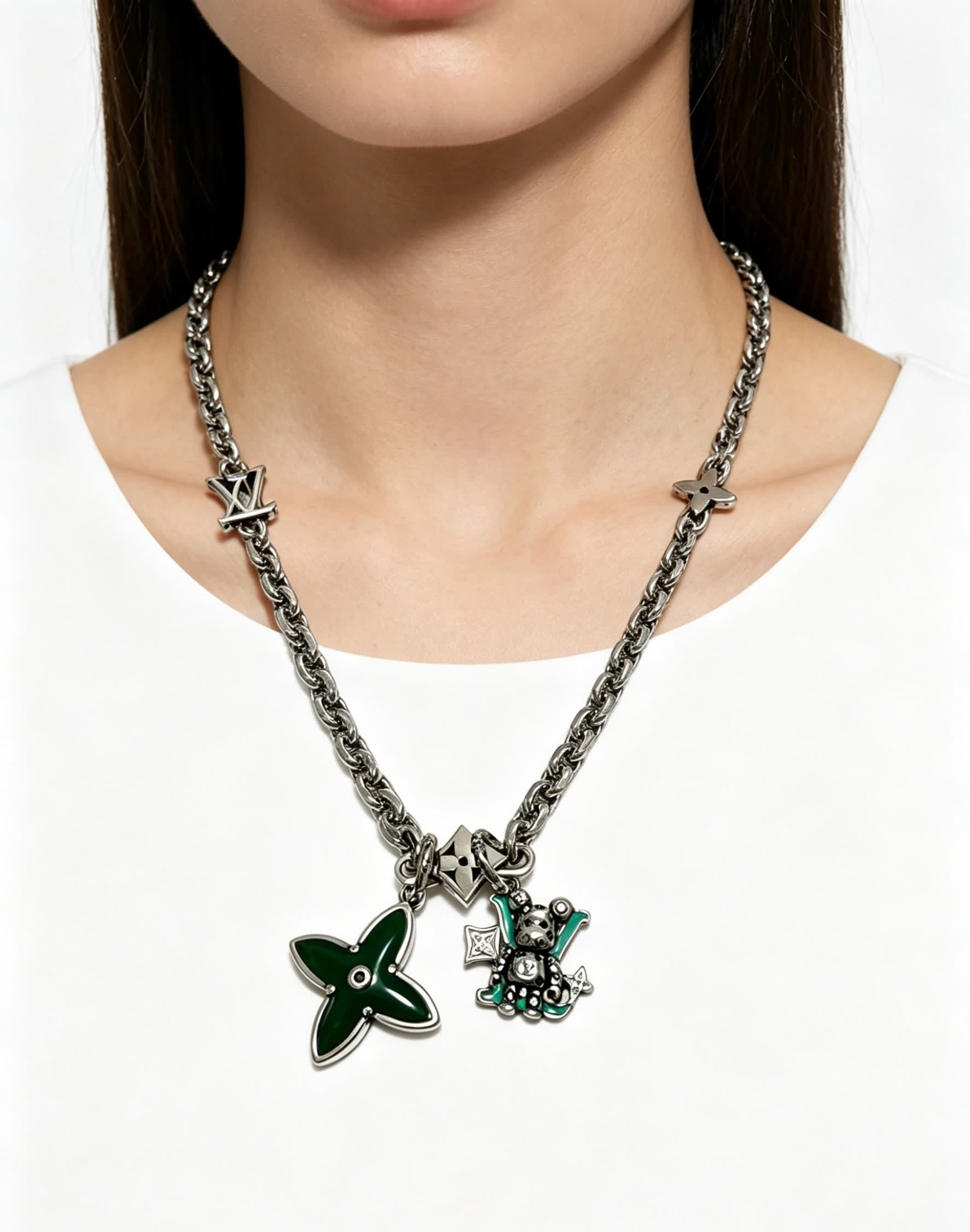Louis Vuitton Silver Chain Necklace with Green Flower and Monogram Motif